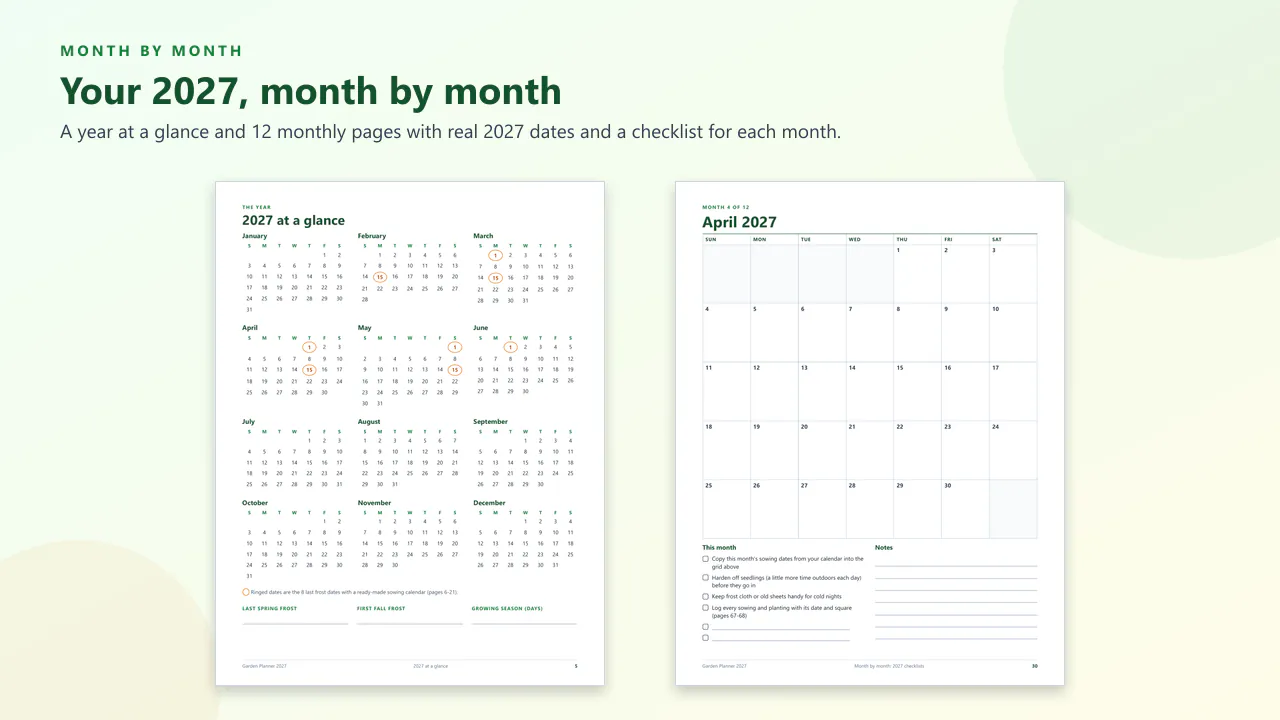 The 2027 year-at-a-glance page and the April 2027 monthly page with its checklist.